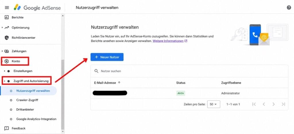 So fügst du einen neuen Nutzer zu Google AdSense hinzu 1 Menü zum Hinzufügen eines neuen AdSense-Nutzers