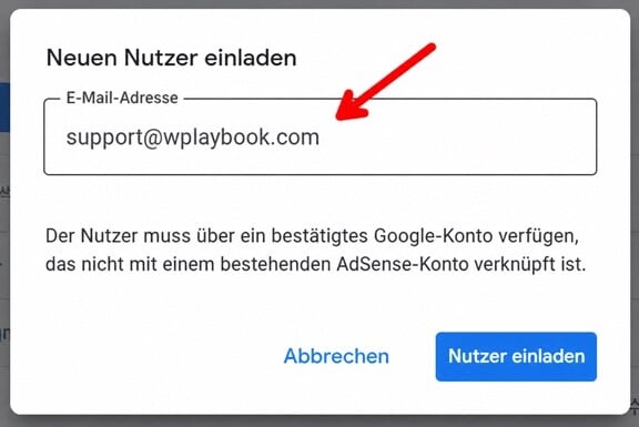 So fügst du einen neuen Nutzer zu Google AdSense hinzu 2 Dialog zum Einladen eines neuen Nutzers in Google AdSense