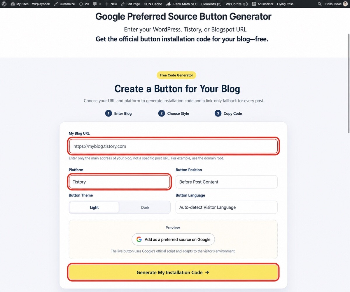 How to Add Google Preferred Sources to Tistory 1 English Google Preferred Sources generator with Tistory selected