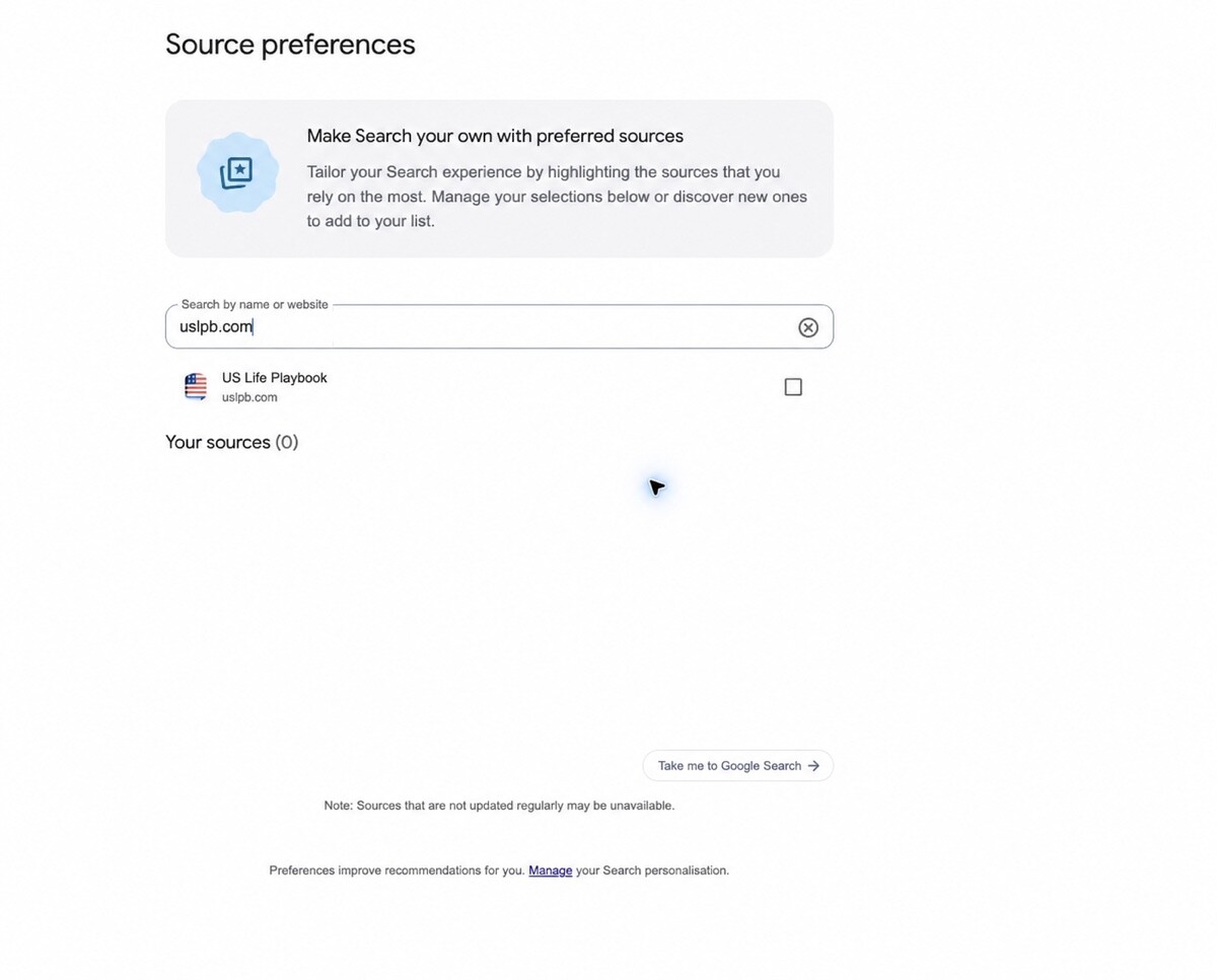 Google Preferred Sources: Why Every Publisher Should Add the Button 3 Google Source preferences screen showing US Life Playbook for uslpb.com