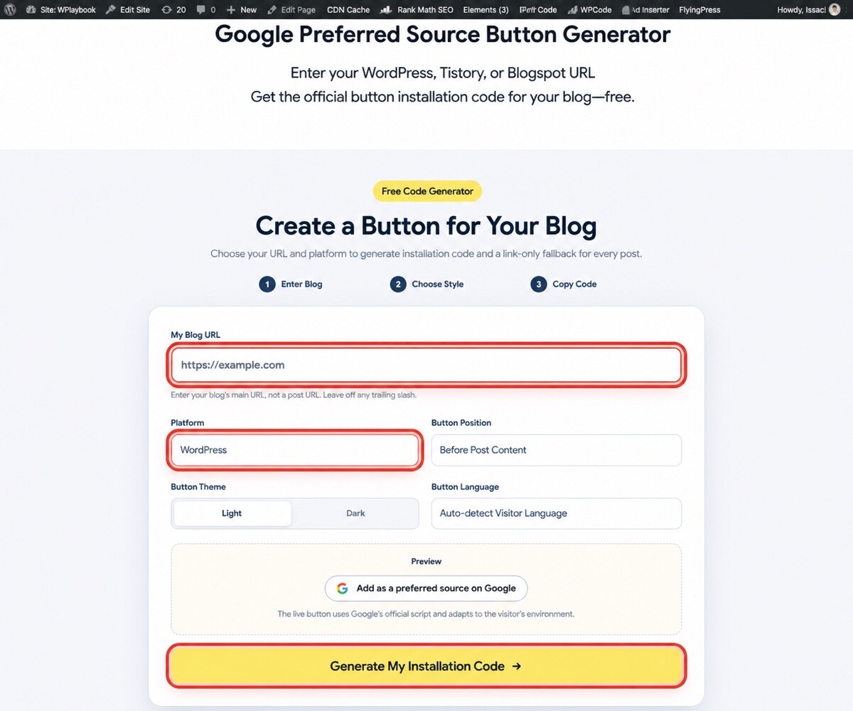 How to Add Google Preferred Sources to WordPress 1 English Google Preferred Sources generator with WordPress selected
