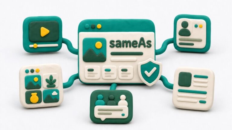 Clay-style illustration connecting a website with its official online profiles through sameAs