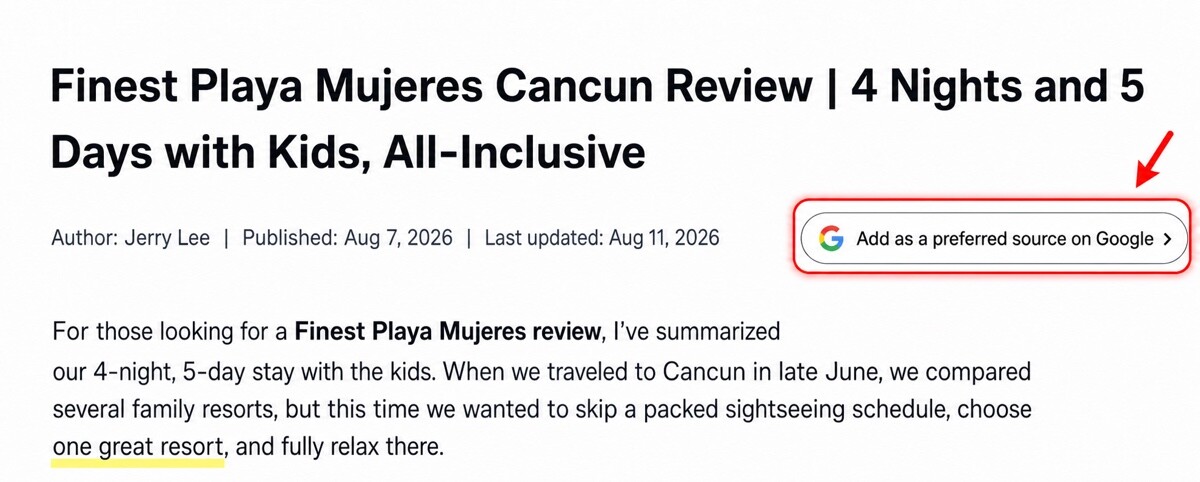 Google Preferred Sources: Why Every Publisher Should Add the Button 2 Google Add as a preferred source button highlighted on an English US Life Playbook article