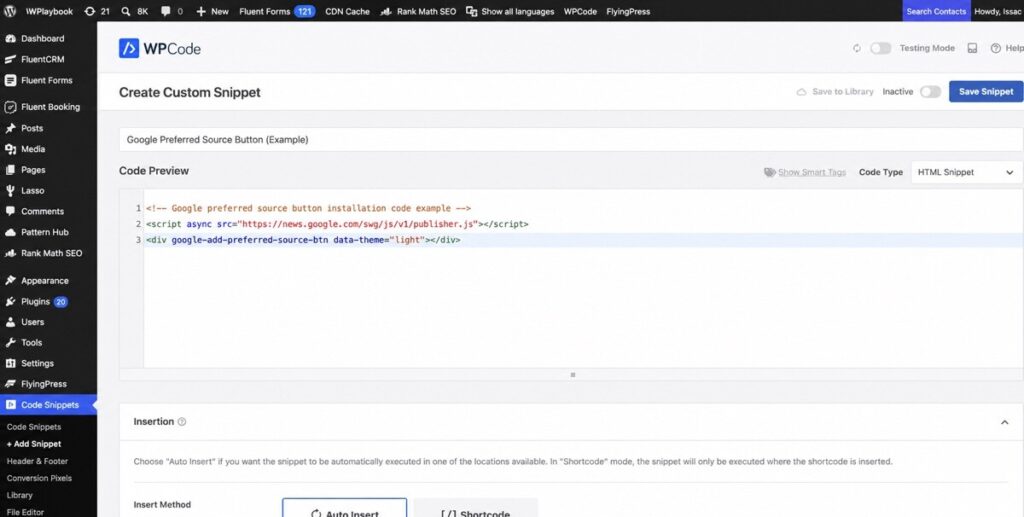 How to Add Google Preferred Sources to WordPress 3 English WPCode HTML snippet editor containing Google Preferred Sources code