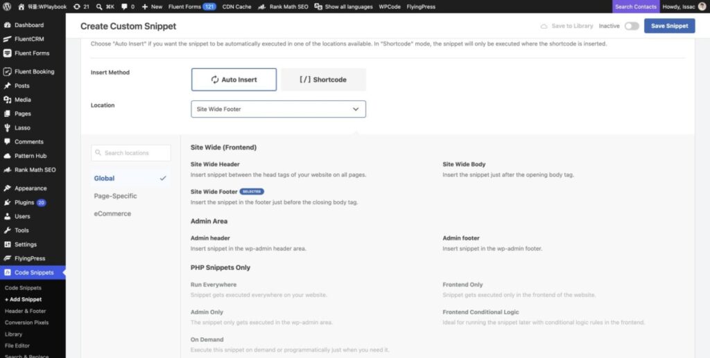 WPCode 자동 삽입 위치에서 Site Wide Footer를 선택한 화면