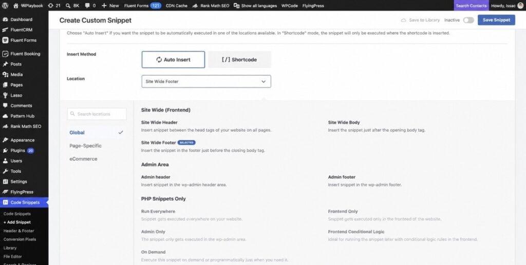 How to Add Google Preferred Sources to WordPress 4 English WPCode Auto Insert settings with Site Wide Footer selected