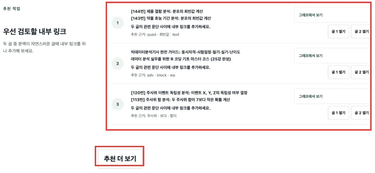 무료 웹사이트 분석 툴: 워드프레스 내부 링크·고립된 글 찾기 3 한국어 블로그의 우선 검토할 내부 링크 목록과 추천 더 보기 버튼을 빨간색으로 표시한 화면
