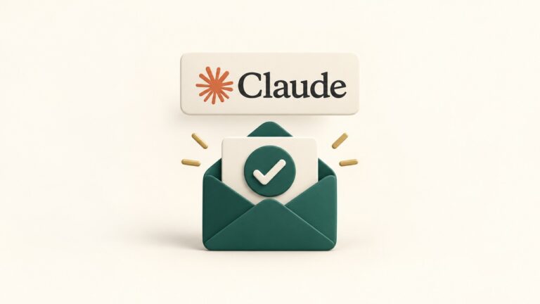 Claude 로고와 체크 표시가 있는 봉투로 표현한 스타트업 승인 메일